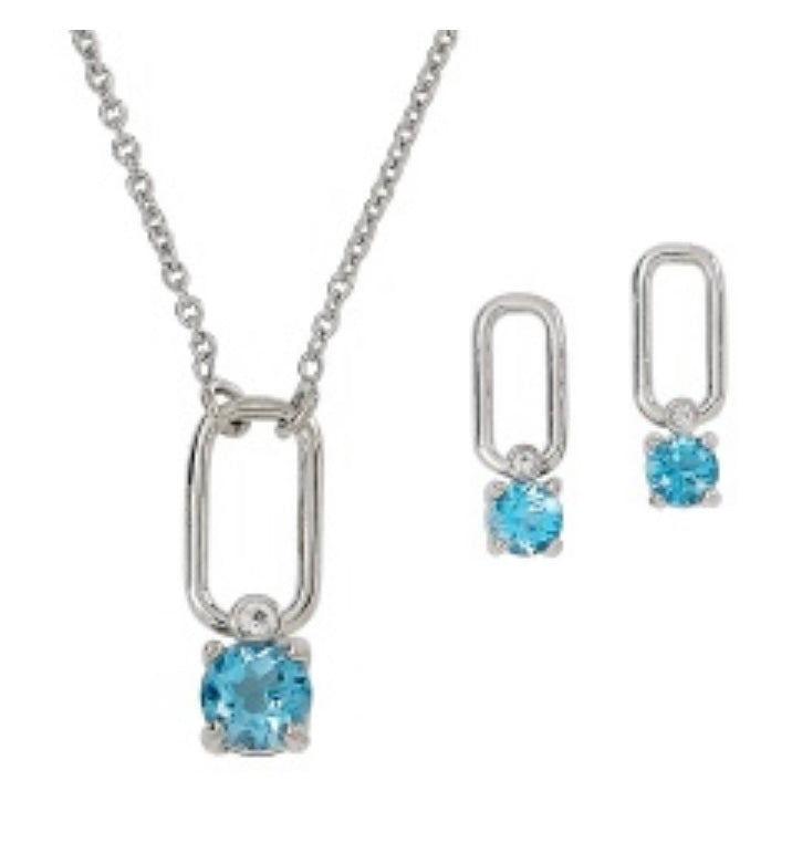 Paper Clip Style Necklace and Earring Set with Genuine Swiss Blue Topaz