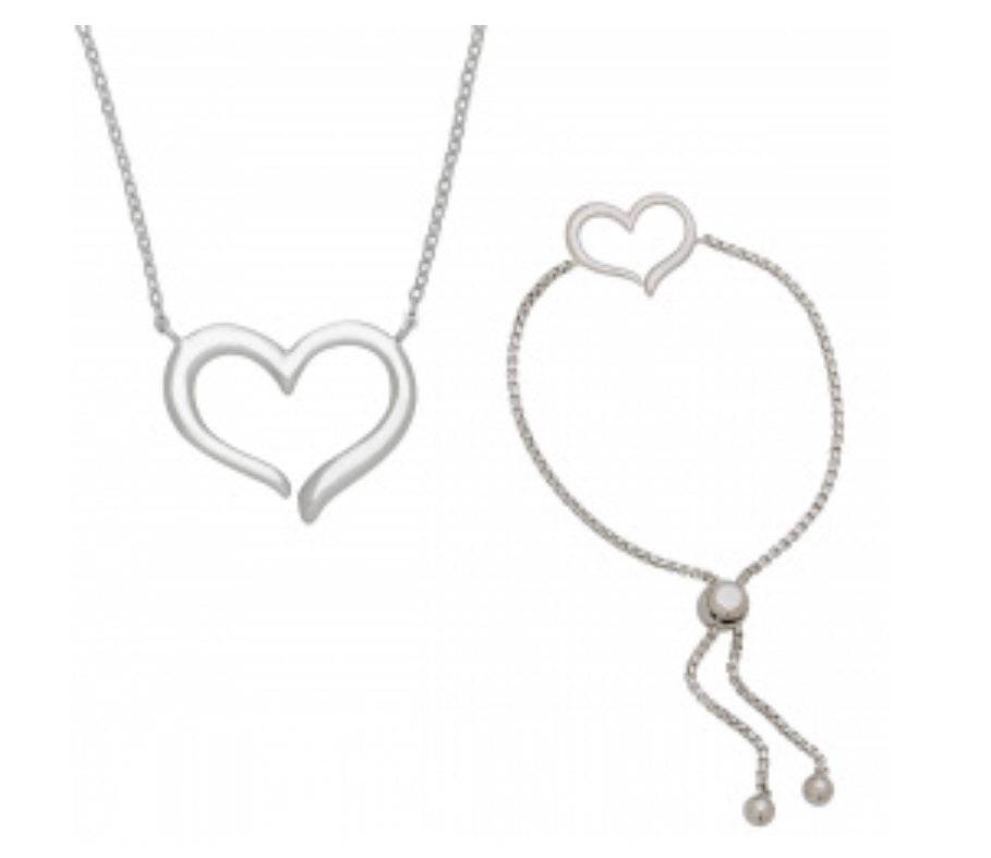 Open Heart Necklace and Lariat Bracelet Set
