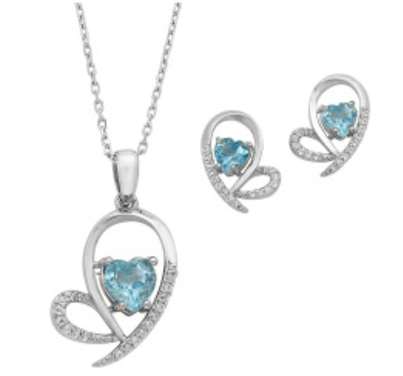 Open Heart Design Pendant and Earring Set with Heart Shape Genuine Blue Topaz