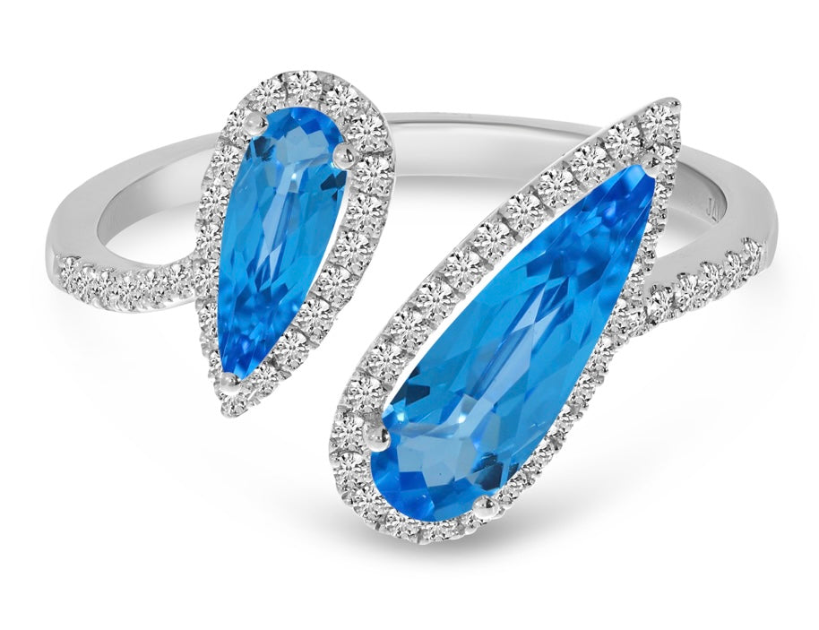 Offset Duo Pear Shape Blue Topaz and Diamond Ring